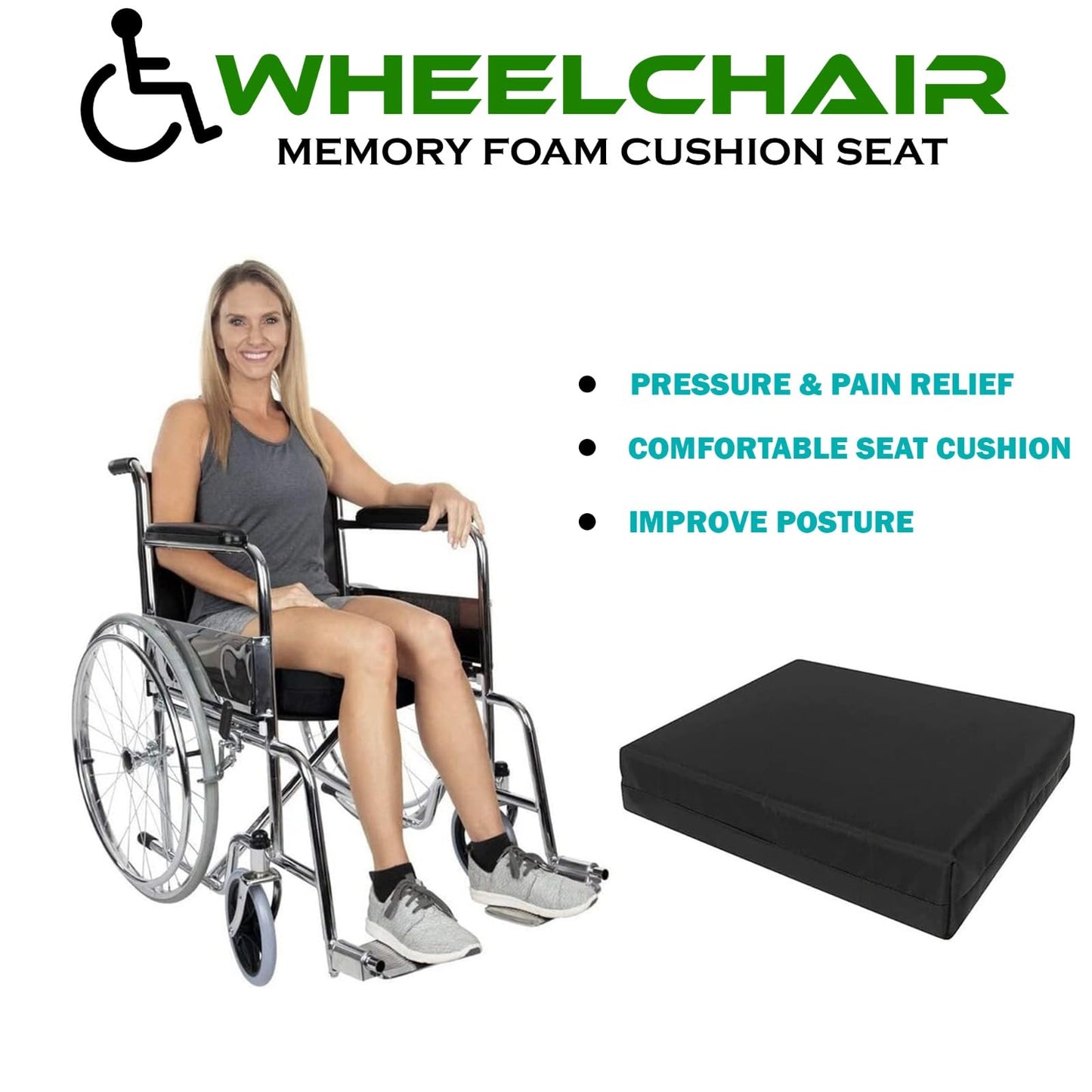 Molten Creek® Wheelchair Memory Foam Cushion Seat With Waterproof Cover, Orthopedic Seat Cushion for Pressure and Pain Relief, Reduce Back Ache, Improve Posture, Black (18" x 16" x 2")